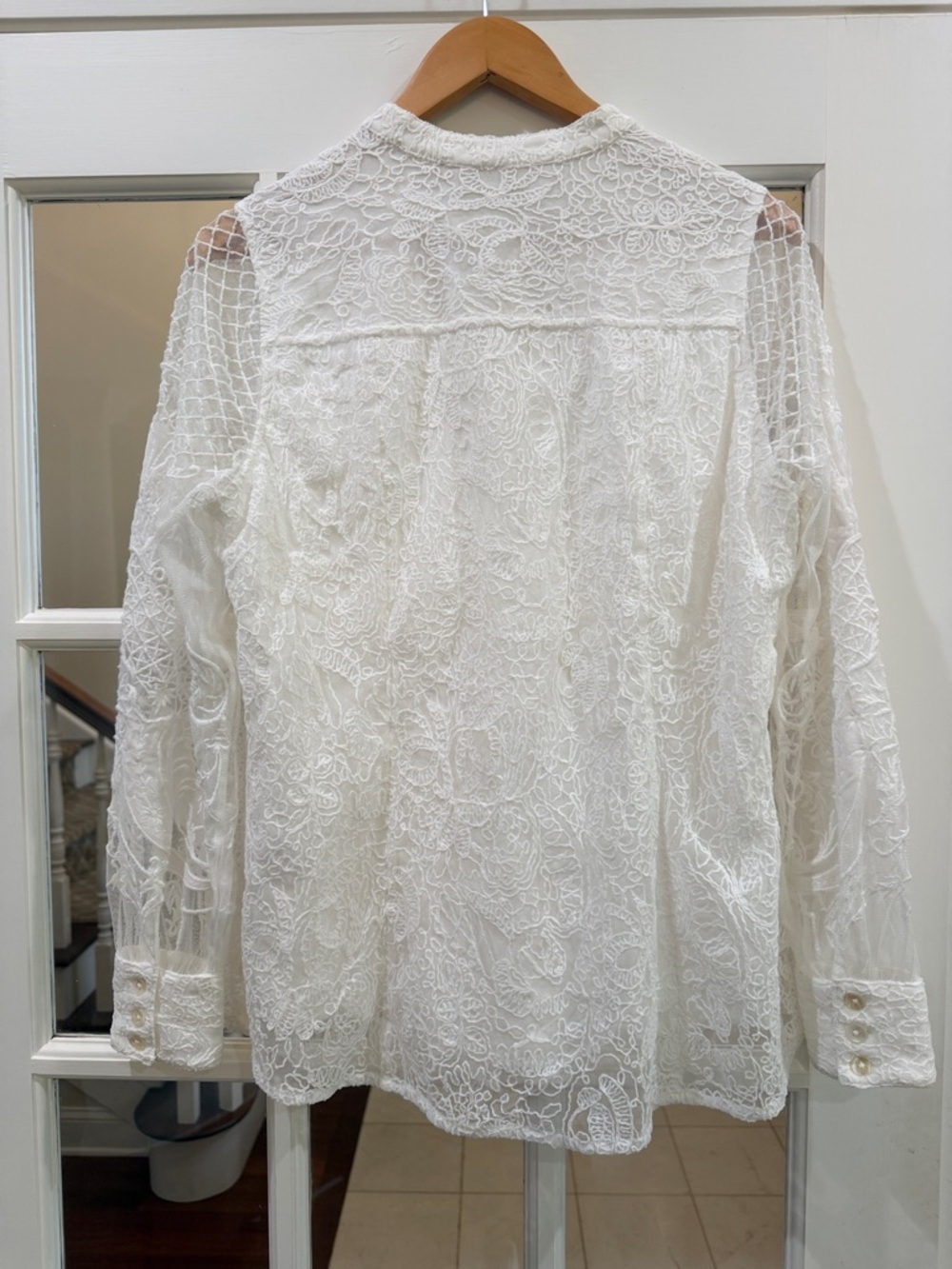 Coastal Grandmother Whimsigoth Soft Surroundings Lace Mesh Blouse Top Ivory M - Picture 9 of 16